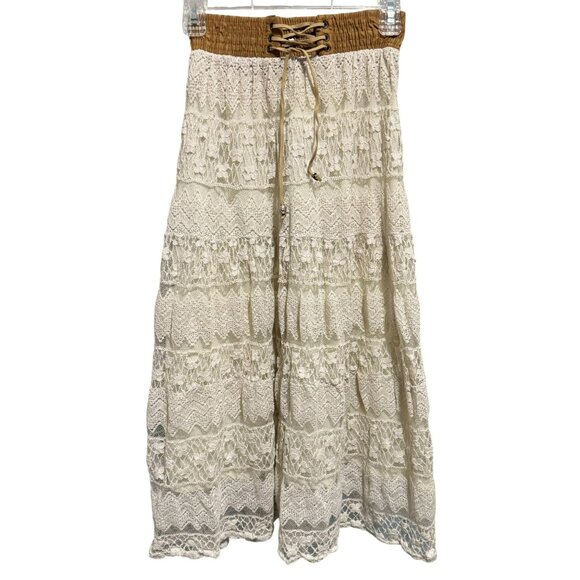 Lace Tiered Maxi Praire Skirt Sz XS-S  Faux Suede Waist w Lace-up Western Boho - Picture 1 of 8
